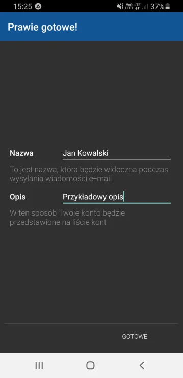 Ekran BlueMail z polami Nazwa i Opis nowego konta