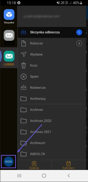 Menu aplikacji BlueMail z pozycją Ustawienia na dole listy