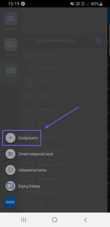 Rozwinięte opcje w BlueMail z pozycją Dodaj konto