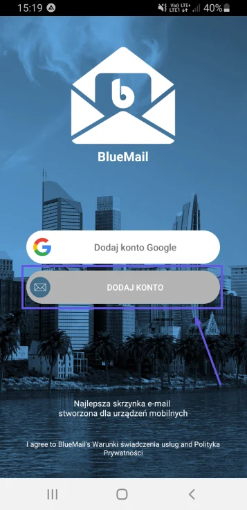 Ekran listy kont w BlueMail z przyciskiem Dodaj konto