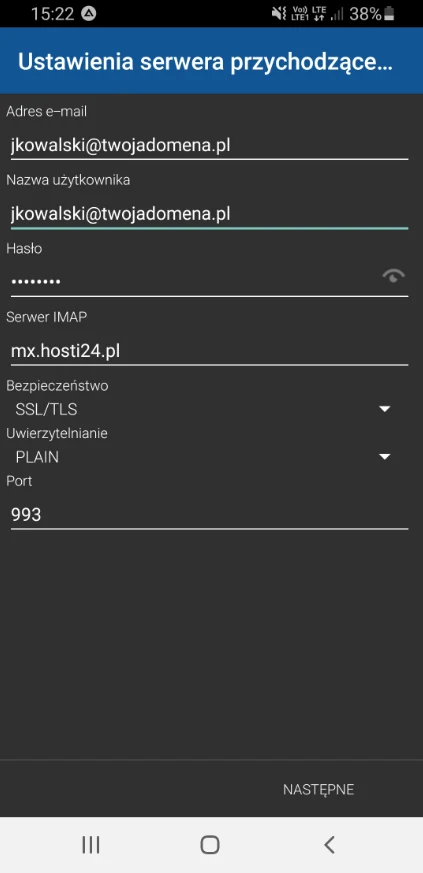 Ustawienia serwera poczty przychodzącej w BlueMail: serwer mx.hosti24.pl, SSL/TLS, uwierzytelnianie PLAIN, port 993