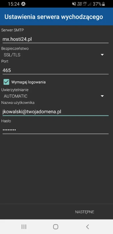 Ustawienia serwera poczty wychodzącej w BlueMail: serwer SMTP mx.hosti24.pl, SSL/TLS, port 465
