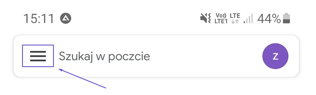 Aplikacja Gmail na Androidzie z zaznaczoną ikoną menu w lewym górnym rogu