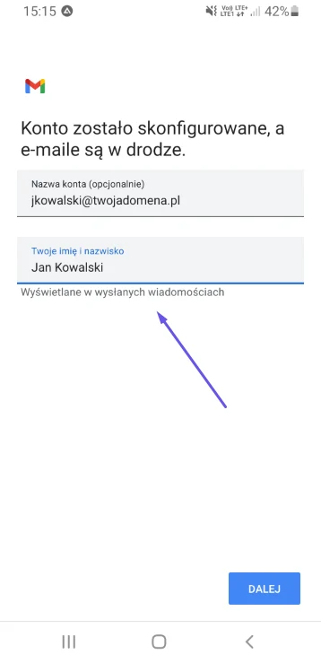 Ekran Gmaila z polem na imię i nazwisko wyświetlane w wysyłanych wiadomościach