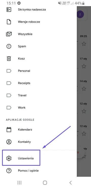 Menu aplikacji Gmail z pozycją Ustawienia na dole listy
