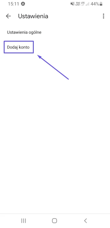 Ustawienia aplikacji Gmail z opcją Dodaj konto