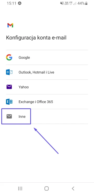 Lista typów kont w aplikacji Gmail z zaznaczoną opcją Inne