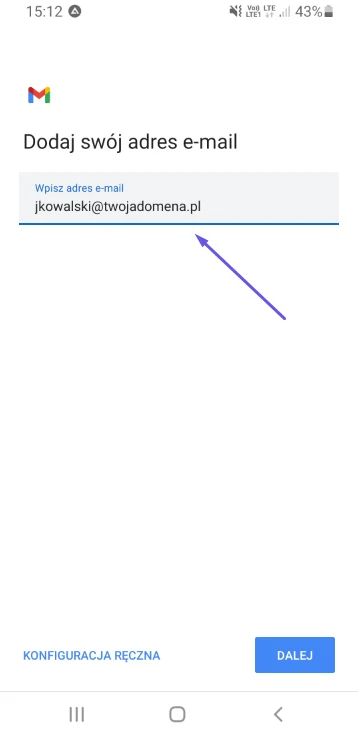 Ekran dodawania konta w Gmailu z polem na adres e-mail