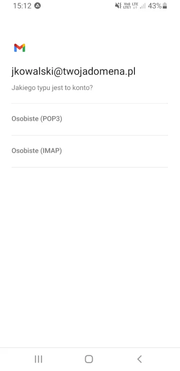 Wybór rodzaju konta w Gmailu: Osobiste IMAP, Osobiste POP3 i Exchange
