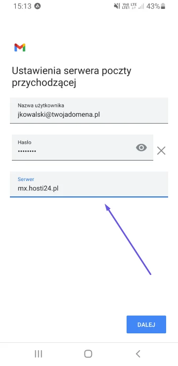 Ustawienia serwera przychodzącego w Gmailu z serwerem mx.hosti24.pl i pełnym adresem e-mail