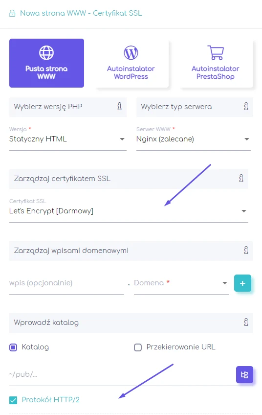 Formularz konfiguracji strony WWW w panelu hosti24 z wybranym certyfikatem SSL Let's Encrypt