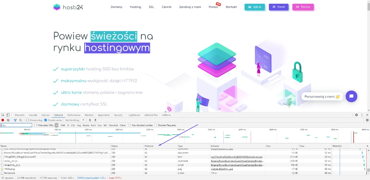 Karta Network w narzędziach deweloperskich Chrome z kolumną Protocol pokazującą wartość h2 przy zapytaniach do strony