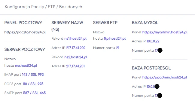 Sekcja konfiguracji usługi hostingowej w panelu hosti24 z adresami serwerów pocztowych, FTP i baz danych