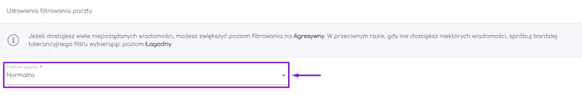 Suwak czułości filtru antyspamowego w panelu hosti24 ustawiony na poziom Normalny