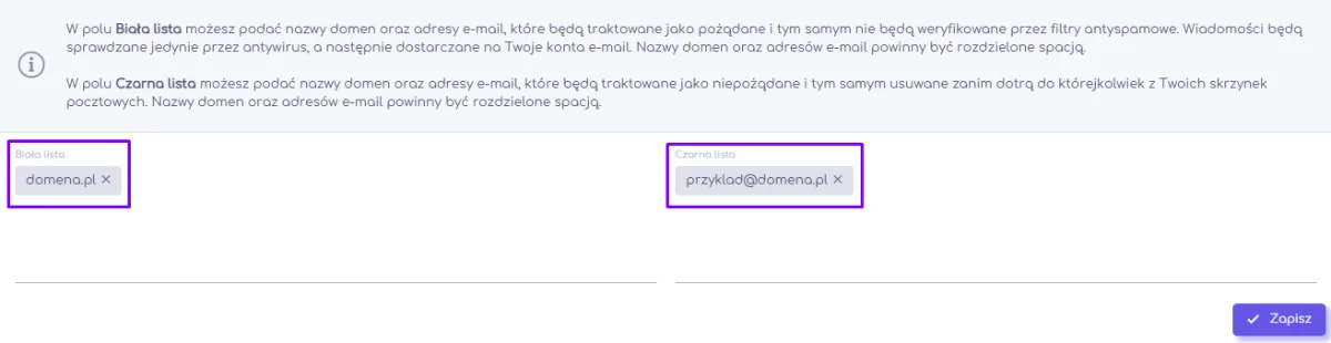 Wpisy na białej i czarnej liście w panelu hosti24, z przykładami nazwy domeny i pojedynczego adresu e-mail
