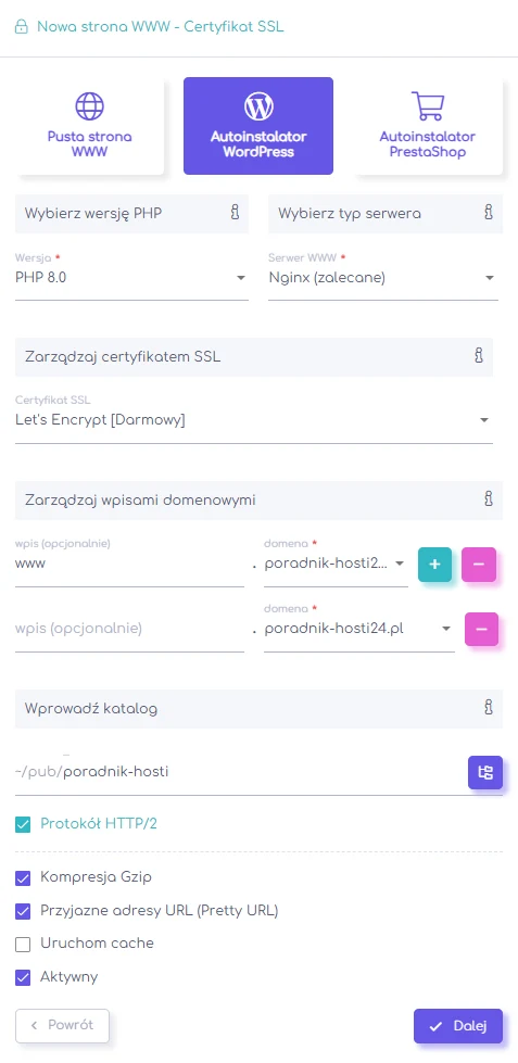 Formularz konfiguracji nowej strony WWW w panelu hosti24 z wybranym autoinstalatorem WordPress