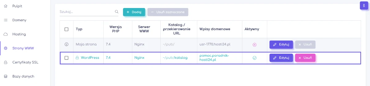 Lista skonfigurowanych stron WWW w panelu hosti24 z przypisaną domeną, wersją PHP i serwerem