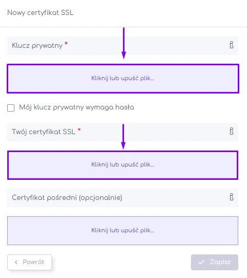 Okno dodawania certyfikatu SSL w panelu hosti24 z polami na pliki certyfikatu