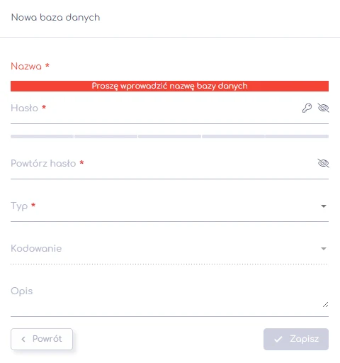Formularz dodawania nowej bazy danych w panelu hosti24 z polami nazwa, hasło, typ, kodowanie i opis