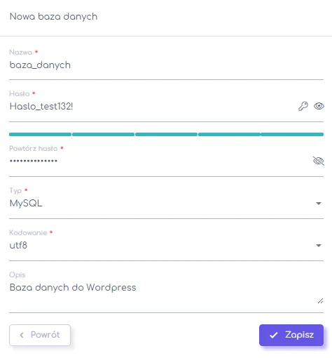 Poprawnie wypełniony formularz bazy MySQL w panelu hosti24 z kodowaniem UTF-8