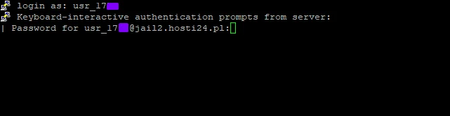 Okno terminala PuTTY z logowaniem do serwera hosti24: pola login as i password