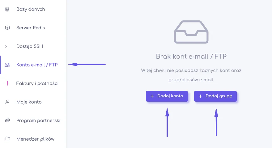 Zakładka Konta e-mail i FTP w panelu hosti24 z listą założonych skrzynek pocztowych