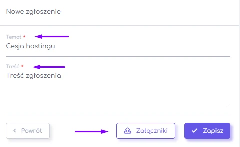 Formularz zgłoszenia w Helpdesku hosti24 z polem tematu, treści i załączników