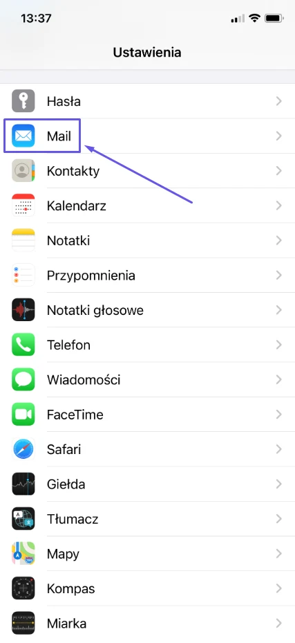 Aplikacja Ustawienia na iPhonie z pozycją Mail