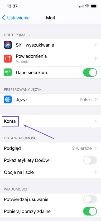 Ustawienia aplikacji Mail na iPhonie z pozycją Konta
