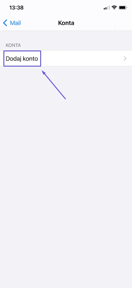 Lista kont pocztowych na iPhonie z przyciskiem Dodaj konto