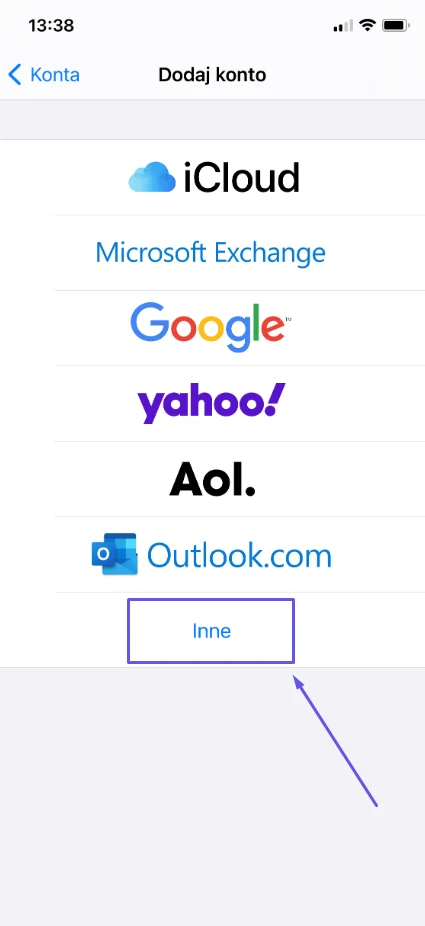 Lista dostawców poczty na iPhonie z zaznaczoną opcją Inne