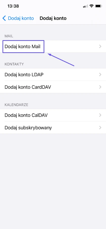 Ekran Inne na iPhonie z przyciskiem Dodaj konto Mail