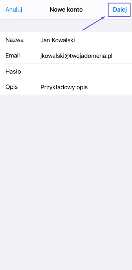 Formularz nowego konta na iPhonie z polami Nazwa, E-mail, Hasło i Opis