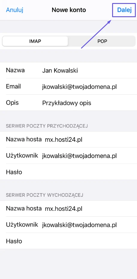 Ustawienia serwera poczty przychodzącej i wychodzącej na iPhonie z nazwą hosta mx.hosti24.pl
