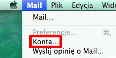 Menu Mail na pasku menu macOS z pozycją Konta