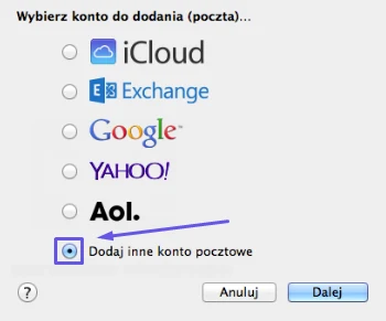 Lista dostawców kont w aplikacji Mail na Macu z opcją dodania innego konta pocztowego