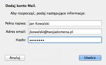 Formularz nowego konta w aplikacji Mail na Macu z polami nazwa, adres e-mail i hasło