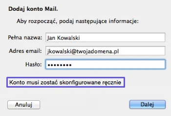 Komunikat aplikacji Mail o konieczności ręcznej konfiguracji konta