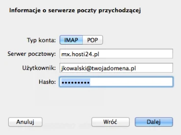 Ustawienia poczty przychodzącej w Mail na Macu: typ konta IMAP, serwer mx.hosti24.pl, nazwa użytkownika i hasło