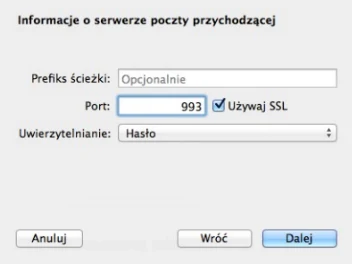 Dodatkowe ustawienia poczty przychodzącej w Mail: port 993, zaznaczone Używaj SSL, uwierzytelnianie hasłem
