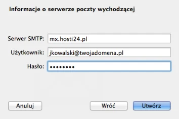 Ustawienia poczty wychodzącej w Mail na Macu z serwerem SMTP mx.hosti24.pl, nazwą użytkownika i hasłem