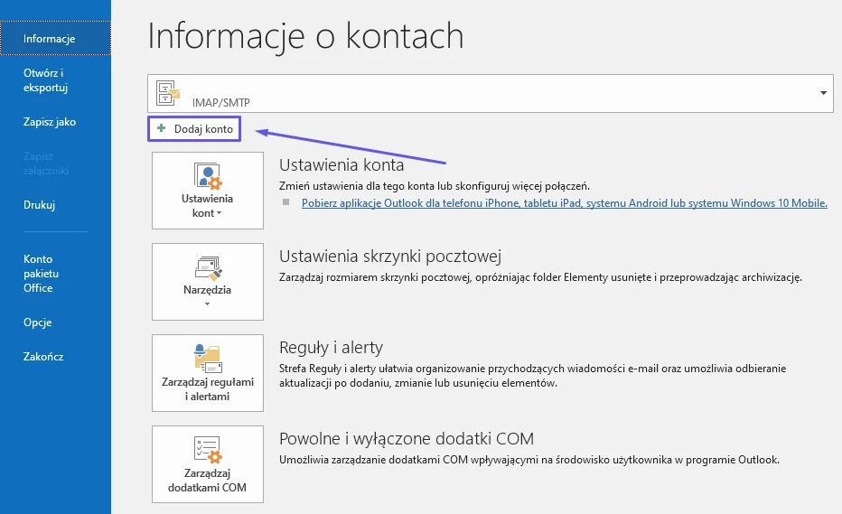 Widok Informacje o koncie w Outlooku z przyciskiem Dodaj konto
