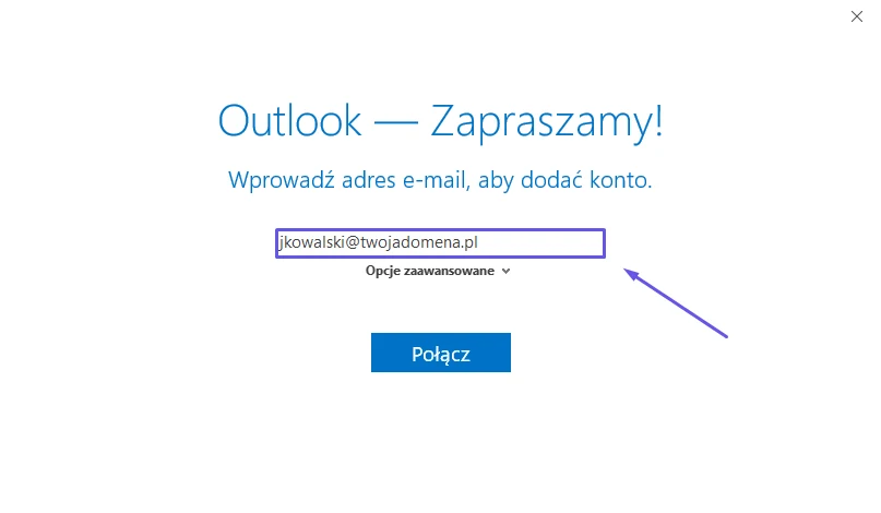 Okno Outlooka z polem na adres e-mail i przyciskiem Połącz