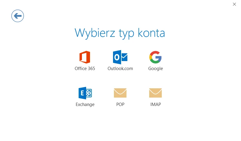 Wybór typu konta w Outlooku z opcjami IMAP i POP