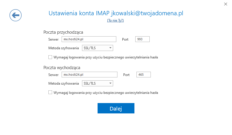 Ustawienia konta IMAP w Outlooku: serwer mx.hosti24.pl, port 993 dla poczty przychodzącej i 465 dla wychodzącej, szyfrowanie SSL/TLS, opcja bezpiecznego uwierzytelniania hasła (SPA) odznaczona w obu sekcjach
