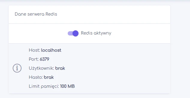 Sekcja Dane serwera Redis w panelu klienta hosti24: przełącznik Redis aktywny, host localhost, port 6379, użytkownik i hasło brak, limit pamięci 100 MB