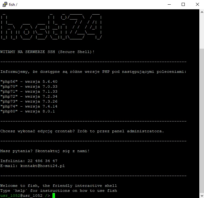 Ekran powitalny serwera hosti24 po zalogowaniu przez SSH z informacjami o wersjach PHP, crontabie i kontakcie