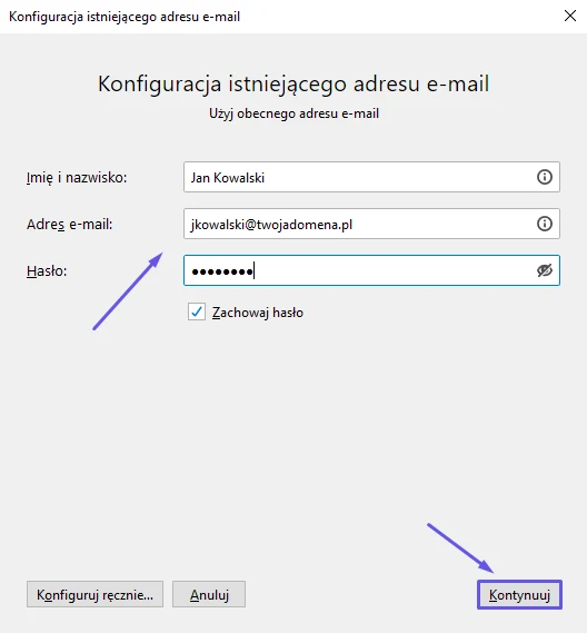 Formularz konfiguracji konta w Thunderbirdzie z polami Imię i nazwisko, Adres e-mail i Hasło