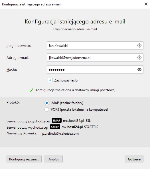 Thunderbird z automatycznie wykrytą konfiguracją konta IMAP na serwerze mx.hosti24.pl