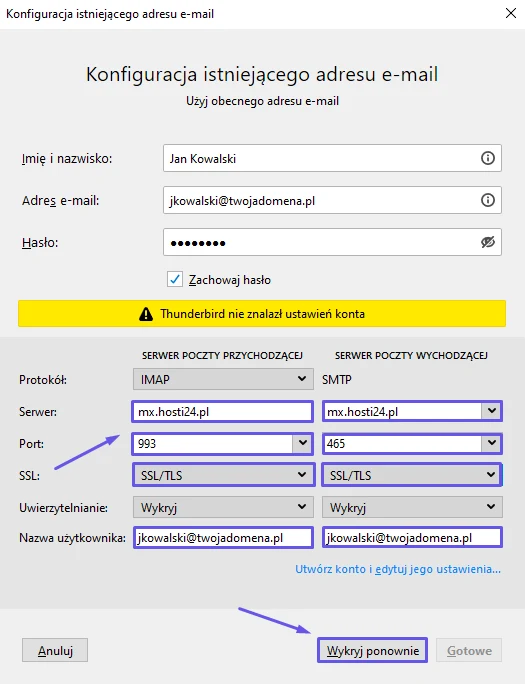 Ręczna konfiguracja konta w Thunderbirdzie: serwer mx.hosti24.pl, porty 993 i 465, szyfrowanie SSL/TLS
